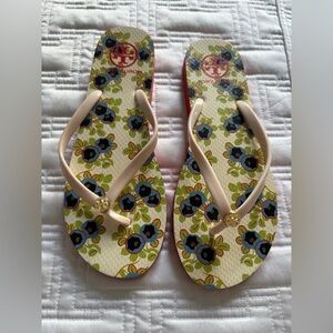 Tort Burch Floral Flip Flops with Gold Accents